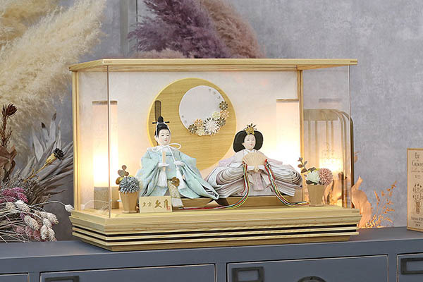 久月　 雛人形　久月 衣裳着 ケース入り 親王飾り 芥子親王 白木 木目 つまみ細工 アクリルケース飾り　詳細画像