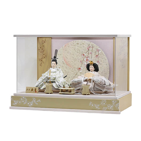 久月　 雛人形　久月 衣裳着 桜柄繭玉LED衝立 ケース入り 親王飾り 小三五親王 アクリルケース飾り　詳細画像