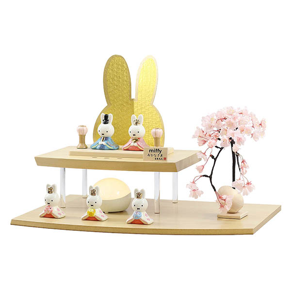 吉徳　 雛人形　miffy  ミッフィー 磁器 ひな人形 うさこ 親王 官女 五人飾り バーチ製 違い棚 LED照明付き 二段飾り　詳細画像