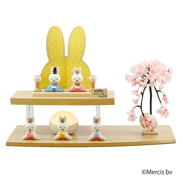 miffy  ミッフィー 磁器 ひな人形 うさこ 親王 官女 五人飾り バーチ製 違い棚 LED照明