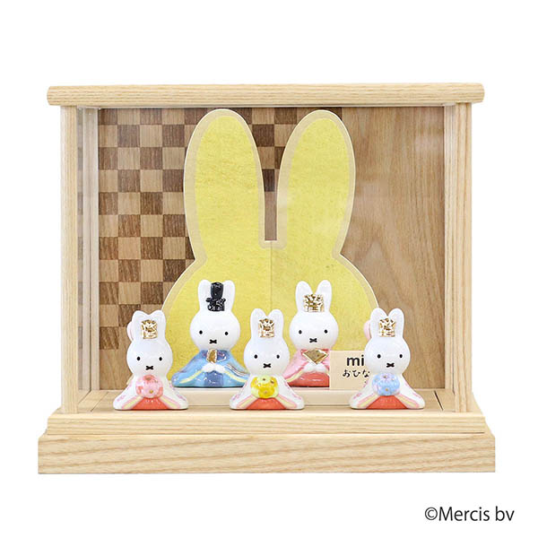miffy ミッフィー 磁器 ひな人形 うさこ 親王 官女 五人飾り 白木 市松文様 アクリルケー