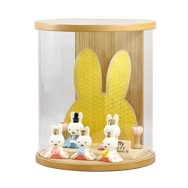 吉徳　 雛人形　miffy  ミッフィー 磁器 ひな人形 うさこ 親王 官女 五人飾り タモ 白木 まどか 円形 筒型 アクリルケース　詳細画像