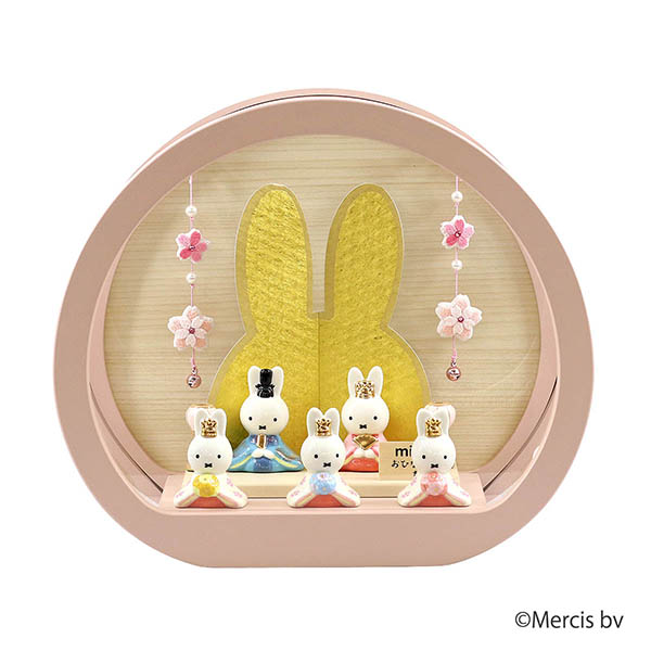 miffy  ミッフィー 磁器 ひな人形 うさこ 親王 官女 五人飾り 円型 丸型 木目バック ピン