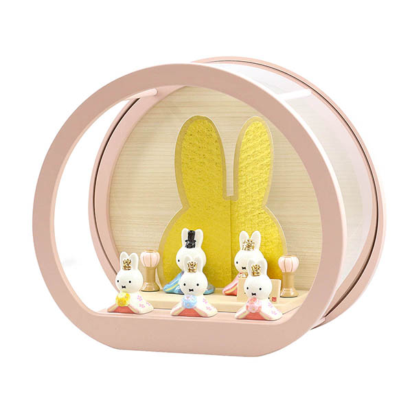 吉徳　 雛人形　miffy  ミッフィー 磁器 ひな人形 うさこ 親王 官女 五人飾り 円型 丸型 木目バック ピンクベージュ塗 アクリルケース　詳細画像