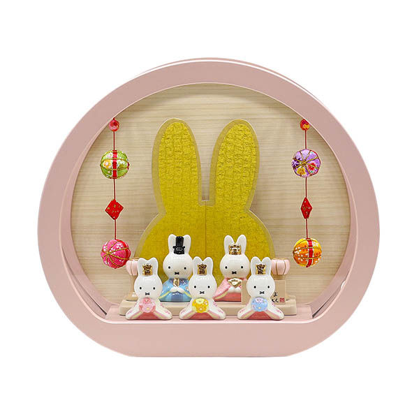 miffy  ミッフィー 磁器 ひな人形 うさこ 親王 官女 五人飾り 円型 丸型 木目バック ピン