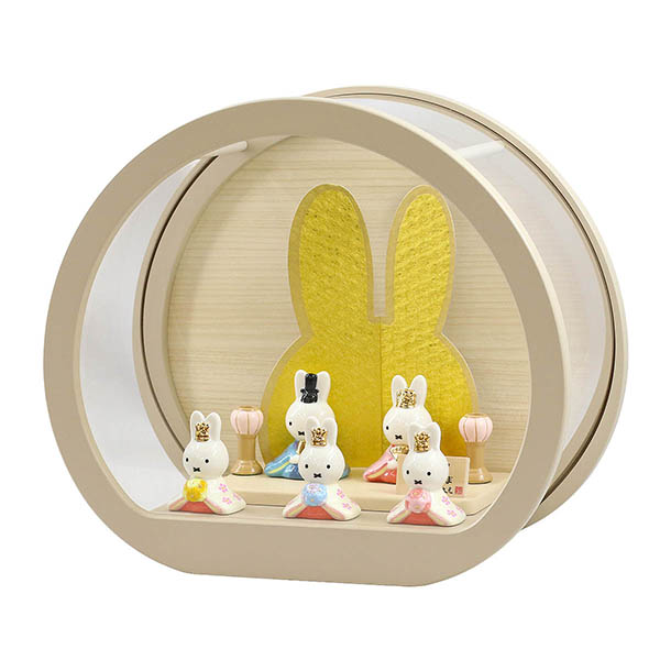 吉徳　 雛人形　miffy  ミッフィー 磁器 ひな人形 うさこ 親王 官女 五人飾り 円型 丸型 木目バック モカベージュ塗 アクリルケース　詳細画像