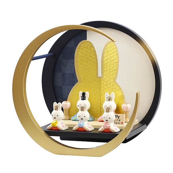 吉徳　 雛人形　miffy  ミッフィー 磁器 ひな人形 うさこ 親王 官女 五人飾り 円形丸型 市松柄 三日月飾り台　詳細画像
