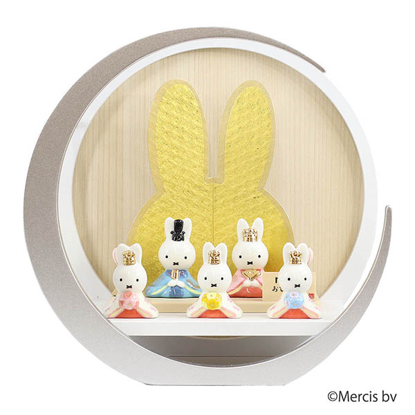 miffy ミッフィー 磁器 ひな人形 うさこ 親王 官女 五人飾り 白銀 木製 円形 三日月形飾