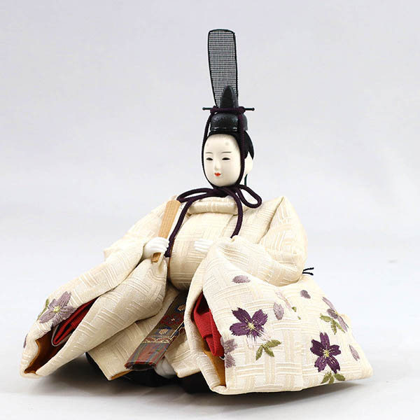 柴田家千代　 雛人形　柴田家千代作 葵 算崩地紋 刺繍桜ちらし 白紫 柳親王 裾長衣装着 紅塗り台屏風 平飾り　詳細画像