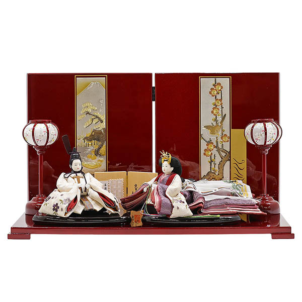 柴田家千代作 葵 算崩地紋 刺繍桜ちらし 白紫 柳親王 裾長衣装着 紅塗り台屏風 平飾り