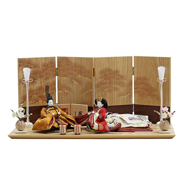 柴田家千代作 葵 黄櫨染 唐花文様 金茶/赤 柳親王 裾長衣装着 紅白梅 扇面松文様屏風 タモ材 木