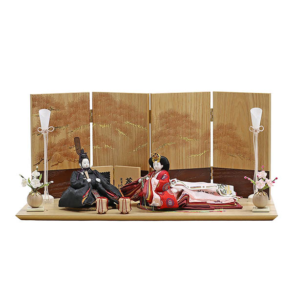 柴田家千代作 葵 有職 向鶴丸文 黒/赤 柳親王 裾長衣装着 紅白梅 扇面松文様屏風 タモ材 木製飾