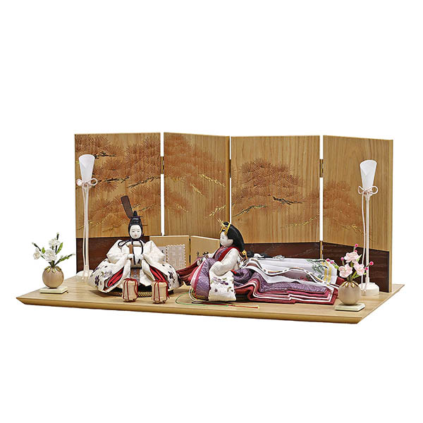 柴田家千代　 雛人形　柴田家千代作 葵 算崩地紋 刺繍桜ちらし 白紫 柳親王 裾長衣装着 紅白梅 扇面松文様屏風 タモ材 木製飾り台 平飾り　詳細画像