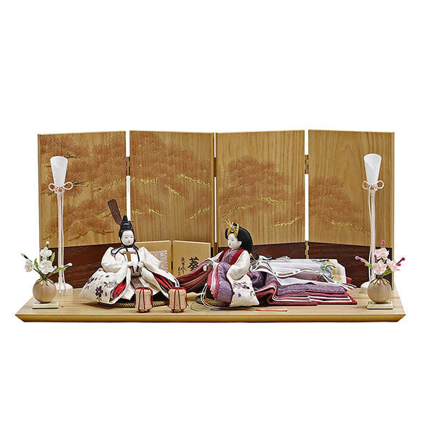 柴田家千代作 葵 算崩地紋 刺繍桜ちらし 白紫 柳親王 裾長衣装着 紅白梅 扇面松文様屏風 タモ材 