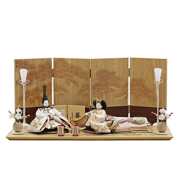 柴田家千代作 葵 唐花文様に刺繍 かすみ桜 白金 柳親王 裾長衣裳着 紅白梅 扇面松文様屏風 タモ材