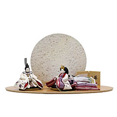 雛人形: 柴田家千代作 葵 算崩地紋 刺繍桜ちらし 白紫 柳親王 裾長衣装着 円形 丸型 LED照明付き 満月