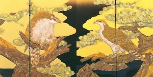 久月作　彫金仁王　正絹緋縅12号大鎧　新松鷹屏風飾り　利光監製