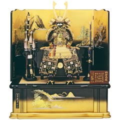 五月人形: 久月作　四神　正絹緋糸褄取縅12号大鎧　四神山水塗屏風飾り　利光監製