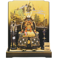 五月人形: 鈴木利光監製　久月作　四神大鎧　四神山水二曲屏風平台飾り（正絹糸縅）