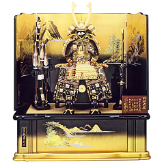 五月人形: 久月作　四神　正絹緋糸褄取縅12号大鎧　四神山水塗屏風飾り　利光監製　【29362】