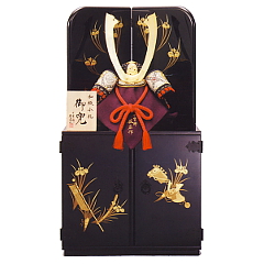 辰広作　兜1/4収納箱平飾り　和紙小札　正絹赤糸縅　会津塗収納箱　【62-272】