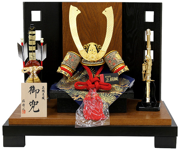 兜10号平飾り 金小札 正絹赤糸縅 一枚物 黒木目松茶屏風 【62-249】