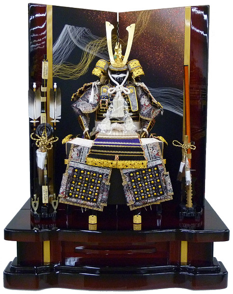 大鎧12号平飾り 金小札 正絹色々糸縅 ワインボカシ飾り台 二曲ワインボカシ道長屏風 【62-129