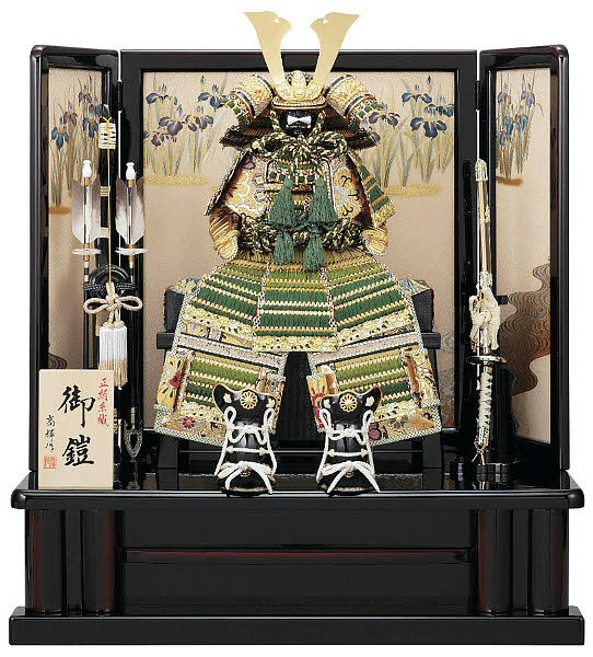 胴丸鎧7号平飾り 金小札 正絹萌黄段縅 黒溜塗菖蒲屏風 【62-148】