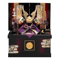 五月人形: 上原玉鳳作 兜 収納飾り 正絹 紺糸色々縅 収納箱 久月監製 【D-44/S5091】