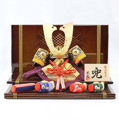 武光作 透かし模様中鍬形 兜 木目込み鯉のぼり 茶ぼかし塗り二段飾り