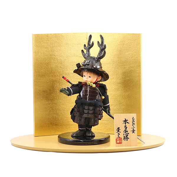 壹三作 もののふ童シリーズ 剣舞 本多忠勝 壱三(いちぞう) 金屏風 ハードメイプル突板 円形台飾り