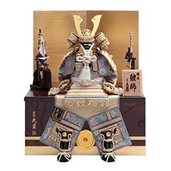 五月人形: 久月 ケヤキ 正絹淡青裾濃縅 鎧二引収納飾り 【3GR-Y2-Z】