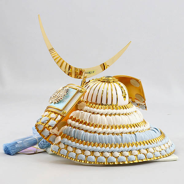 平安豊久　 五月人形　平安豊久作 水色正絹威 若竹 伊達政宗 兜 白銀 木製 円形 三日月形飾り台 (小)　詳細画像