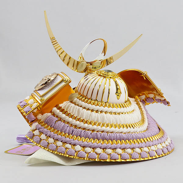 平安豊久　 五月人形　平安豊久作 藤色正絹威 若竹 上杉謙信 兜 白銀 木製 円形 三日月形飾り台 (小)　詳細画像