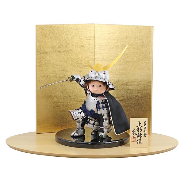 壹三作 もののふ童シリーズ 英雄見参 上杉謙信 壱三（いちぞう） 金屏風 ハードメイプル突板 円形台