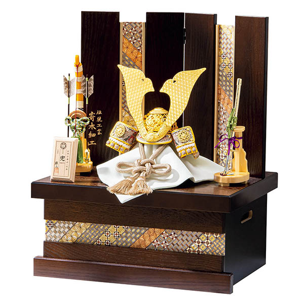 新品 五月人形 収納箱 千羽鶴 寄木細工 45cm/京洛屏風 月に