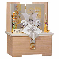 五月人形: 平安豊久作 収納 鏡月 白木木目 収納箱 屏風 兜 収納飾り