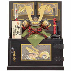 五月人形: 上原玉鳳作 正絹紫絲縅 兜 収納箱飾り 【025S63552】