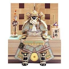 五月人形: 銘木 針桐 鎧 二引き 収納飾り 正絹 淡青裾濃縅 【D-27/72GR-Y33-Z】