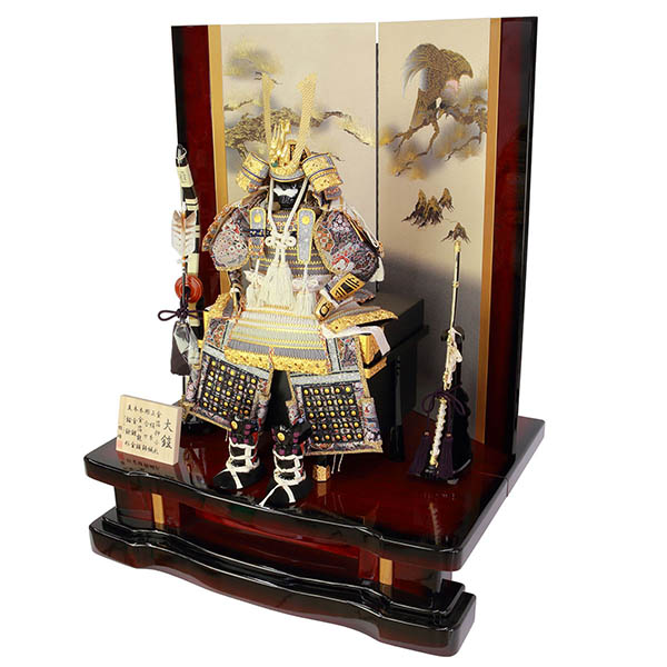 フジキ　 五月人形　雅峰作 正絹 色々段縅 金箔押小札 大鎧 溜塗桐製高床台飾り　詳細画像