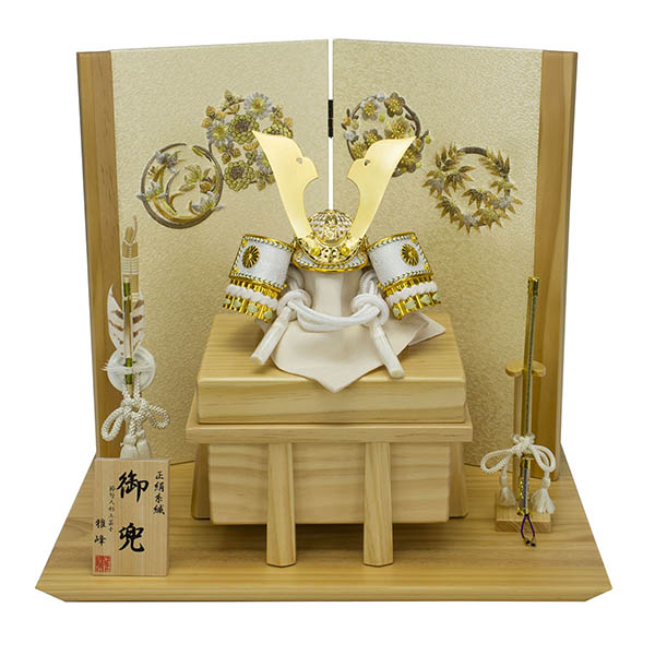 雅峰作 正絹糸縅 兜 白木 木目 四君子屏風 平飾り