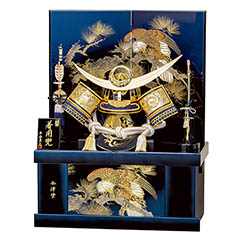 五月人形: 平安豊久作 収納着用 碧 青ボカシ 会津塗り収納箱 屏風 着用兜 収納飾り