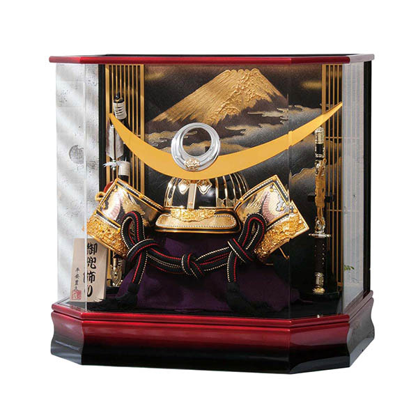 平安豊久作 上杉 着用兜 茶ボカシ 六角アクリルケース飾り