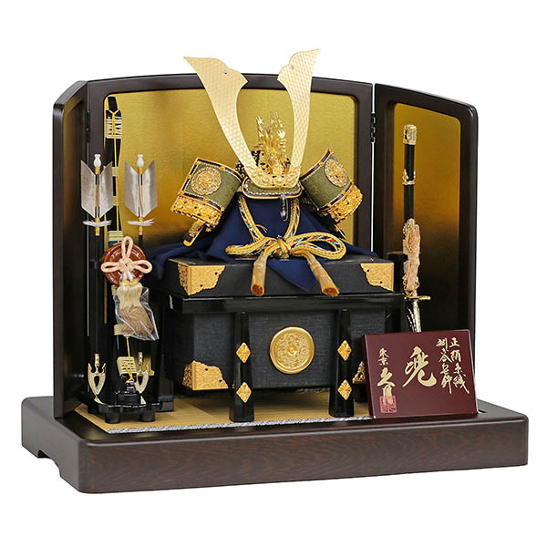 久月　 五月人形　久月 兜 平飾り 正絹 緋縅 鉄刀木調台屏風　詳細画像