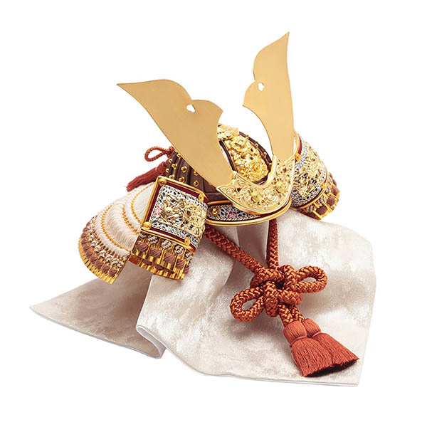 久月　 五月人形　久月 兜 収納飾り 正絹 薄茶裾濃縅 松に鷹二曲屏風 収納箱　詳細画像