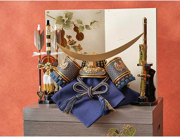 久月　 五月人形　久月 兜 収納飾り 正絹 紺糸段縅 瓢箪二曲屏風 収納箱　詳細画像