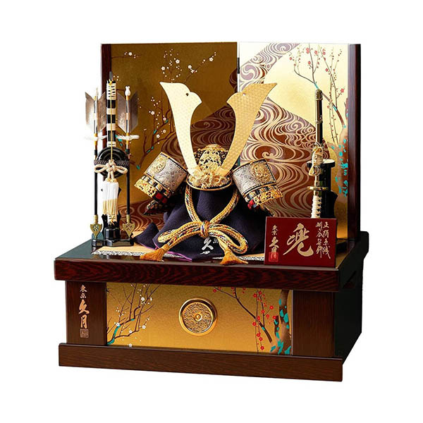 久月　 五月人形　久月 兜 収納飾り 正絹 緋縅 光琳梅二曲屏風 収納箱　詳細画像