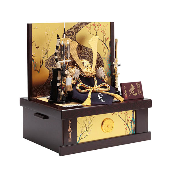 久月　 五月人形　久月 兜 収納飾り 正絹 緋縅 光琳梅二曲屏風 収納箱　詳細画像