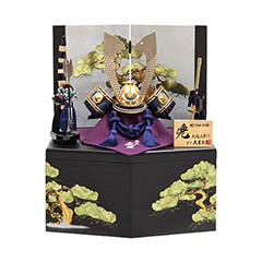 五月人形: 大越広孝作 兜 収納飾り 緋糸沢瀉縅 久月監製 緑松蒔絵二曲屏風 収納箱 【D-61】