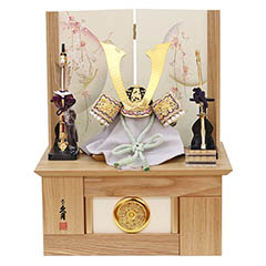 五月人形: 平安武久作 本金箔押 兜 収納飾り 正絹 白緑匂縅 久月監製 鶴に桜二曲屏風 タモ収納箱【D-89】